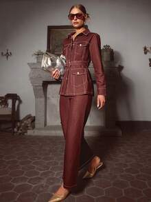 Sollinarry 2pcs Women's Spring New Denim-Like Button Front Belted Long Sleeve Jacket And Long Pants Set - Dark Red - View 3