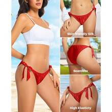 Women Silk Panties Lightweight Briefs Smooth Breathable Satin Bikini,Sexyys Tie-Side Underwear Daily Fit Comfort,Red - 紅色 - 查看 3