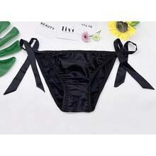 Women Silk Panties Lightweight Briefs Smooth Breathable Satin Bikini,Sexyys Tie-Side Underwear Daily Fit Comfort,Black - 黑色 - 查看 7