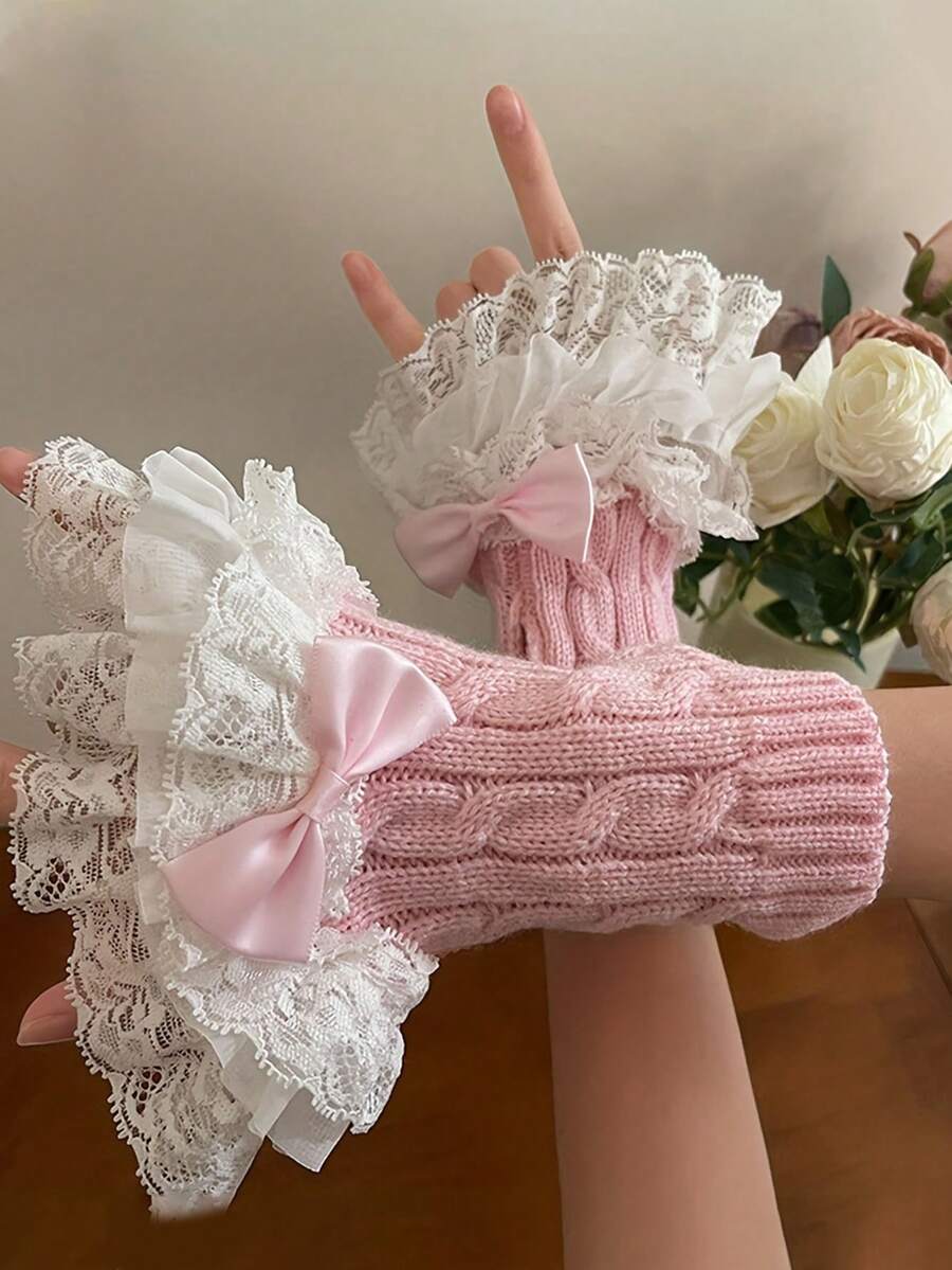 1 Pair Fashion Lace Trim Knitted Arm Warmers, Cute Versatile Bow Cuff Sleeves, Chic Cable Knit Faux Sleeves - Multicolor - View 1
