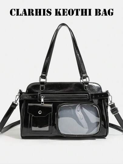 New Transparent Motorcycle Style Pain Bag, Anime Doll Bag With Hidden Stand, Shoulder Crossbody Bag, Large Capacity Pain Bag, Metal Solid Colour PU Glossy Fabric Design, Small Item Storage Pocket For Small Books