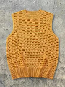 ANDREILEE Men's Casual Loose Solid Color Hollow Semi-Transparent Retro Streetwear Sportswear Sleeveless Knit Pullover Vest, Yellow - Yellow - View 4