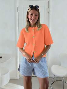 Spring/Summer Women's Fashion French Soft Wax Texture High-End Loose Knit Cardigan, Women's Cropped Relaxed Sweater Top - Coral Orange - View 4