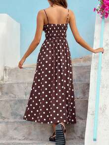 Womens Front Split Long Dress Sleeveless Spaghetti Strap Solid Color Dress Longline Cami Tops - Dark Brown - View 4