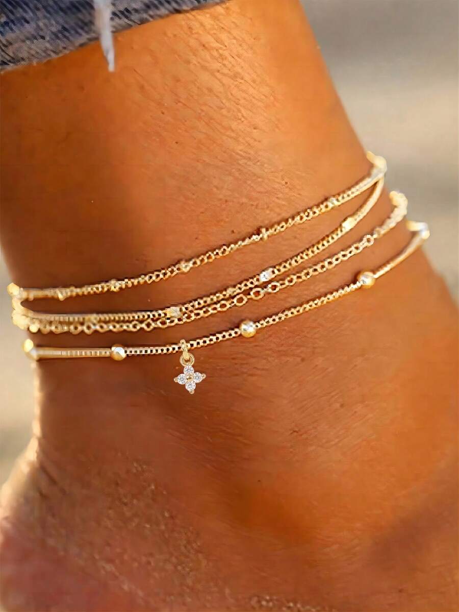 Nooxian 4pcs/Set Classic Copper Bead & Four-Leaf Clover Pendant Anklet, Creative Cross Design Layered Ankle Jewelry For Women - Yellow Gold - View 1