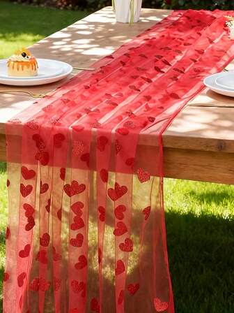 1 pieza Camino de mesa de malla con corazón rojo, Camino de mesa rojo de 59 pulgadas, Decoración de mesa para cena a la luz de las velas, Decoración de mesa romántica para aniversario, Decoración de mesa adecuada para el Día de San Valentín, Regalo para despedida de soltera, Decoración para fiesta de boda, Decoración de mesa para comedor, Suministros para fiesta de aniversario, Decoración para fiesta de cumpleaños