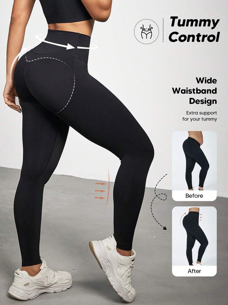 Leggings de cintura ancha de unicolor para mujer, se pueden usar como prenda exterior, negro, primavera - Negro - Ver 1