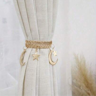 2pcs Islamic Crescent Moon Zinc Alloy Curtain Tiebacks, Ramadan/Eid/Eid Al-Adha Holiday Decor, Anti-Rust Curtain Clips, Easy Installation, Ramadan Home Decor, Suitable For Living Room/Bedroom/Eid Gathering, Starry Design Islamic Curtain Accessories