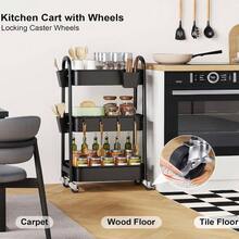 3 Tier Rolling Cart Metal With Wheels, Heavy Duty White Three Tiered Cart Organizer On Wheels, Utility Roller Storage Carts Art, Nursery, Diaper Caddy, Snack, Book, Nail, Cleaning Supplies - 神秘黑 + 3 層 + 杯 + 掛鉤 - 查看 5