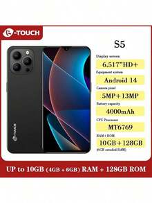 K-TOUCH S5 10GB（4GB+6GB 扩展内存）+ 128GB 4G LTE，全球版，Android 14 智能手机，6.517 英寸高清+显示屏，4000mAh 电池，1300 万像素摄像头，八核处理器。送给挚爱的完美礼物。 - 藍色 - 查看 2