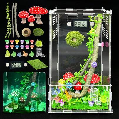 Recinto para arañas saltarinas, hábitat para Insectos DIY, terrario de Cristal para Reptiles pequeños, con Detector de Temperatura y Humedad, comedero y Plataforma para esconderse, 14 x 14 x