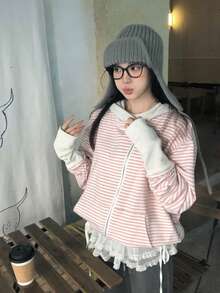 女式条纹不对称拉链不对称连帽休闲百搭运动衫夹克 - 粉色 - 查看 3