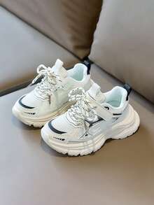 1 Pair Kids' Color Block Chunky Sneakers, Mesh Breathable Soft Sole Children's Sports Shoes, Korean Style Versatile Platform Casual Shoes - White - View 2