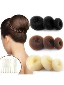 4/13件套甜甜圈发髻制作套装，包含10个发夹和4/3个发髻制作器（1个小号、1个中号、1个大号、1个特大号），黑色/米色/棕色，适合3种发型