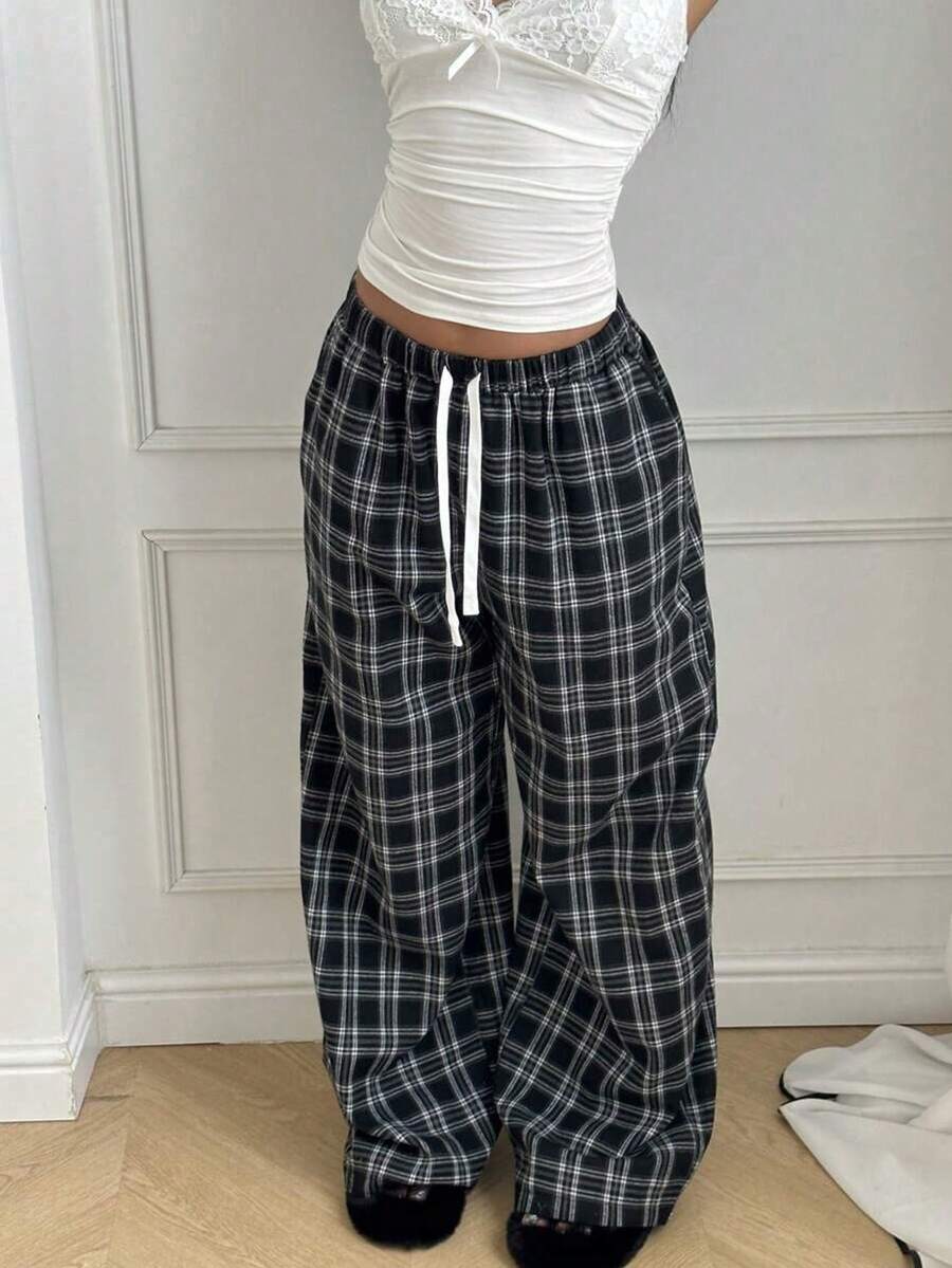 女士格子高腰抽绳阔腿裤，宽松版型，适合户外穿着，春夏秋季皆宜 - 黑與白 - 查看 1