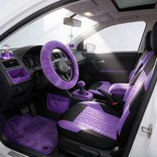 17 Car Seat Cover Full Set For Women,Universal Car Seat Cover, Plush Steering Wheel Cover,Fluffy Soft Wool Handbrake Gear, Suspension Accessories Full SUV((Patterned Purple - 紫色圖案 - 查看 8