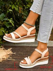 Modische Damen Sommer Casual Urlaubs-Stil Seil gewebte Sohle Offene Zehe Keilabsatz Sandalen, Schlüpfen, einfarbig vielseitig für Innen und Außen Strand Keilsandalen - Beige - Übersicht 6