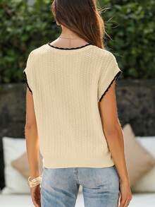 Blusa de punto sin mangas con ribete de color contrastante, prenda exterior casual para primavera y verano - Beis - Ver 3