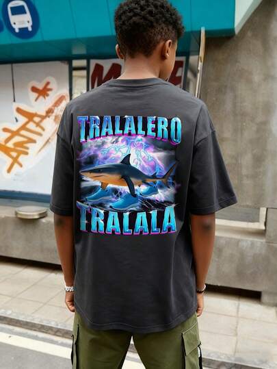 1 pieza Camiseta de manga corta y cuello redondo casual con estampado para niños preadolescentes, ropa de verano para estudiantes jóvenes - ¡La camiseta con estampado de "Shan Hai Jing" trae alegría y felicidad a cada niño! TFALALER0 FRALALA