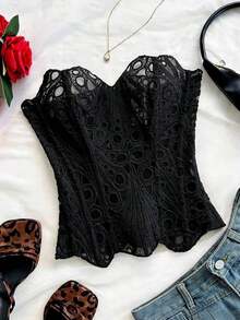 European And American Young Vacation Sexy Avant-Garde Off-The-Shoulder Lace Double-Layer Fitted Corset Bustier Top, INS White Hollow Embroidered Shapewear, Ate Night Outfits Women Tops For Going Out, Wedding Guest Dress Women Fall Women Clothes,Sexy Top - màu đen - Xem 8