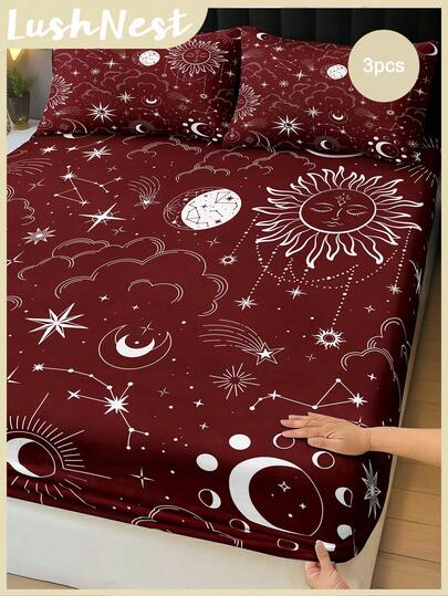 3pcs Mysterious Sun, Moon, Star, Universe, Starry Sky, Divination Themed Digital Print Bedding Set (1pc Fitted Sheet + 2pcs Pillowcases, Excluding Pillow Insert). Made Of Soft And Skin-Friendly Polyester Fiber Fabric, Suitable For Bedroom, Master Bedroom And Guest Room Use All Year Round.