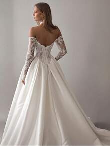 Vintage Off-Shoulder Long Lace Sleeve Corset Satin Ball Gown Wedding Dress With High Slit, Wedding Dresses For Bride, Elegant And Comfortable, Including Plus Size, Bridal Gown, Formal Dresses For Women, Suitable For Wedding, Party, Vacation, Bride, Formal Occasions, Dinner Dress, Prom Dress, After-Party Dress, Homecoming Dress, Cocktail Party, Birthday Party, Celebration, Gala, Festival, Ceremony - 白色 - 查看 3