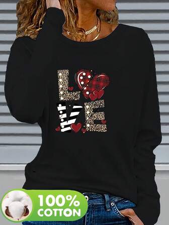 Plus Size Women's Daily LOVE Lettering, Leopard Print Texture, Stripe Texture, Plaid Heart, Small Heart Decorations Round Neck Long Sleeve Elegant Spring/Summer/Fall Plus-Size T-Shirt Valentine's Day/Back-To-School Graphic Tee Tops For Women