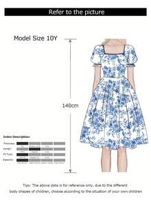 女童碎花泡泡袖连衣裙，方领设计，优雅时尚，适合夏季户外活动和派对。 - 藍色 - 查看 9