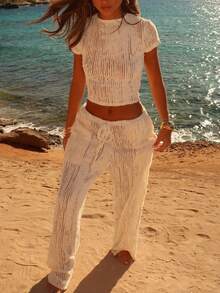 Resort Knit Set - Sheer Short Sleeve Crewneck Top & Drawstring Pocket Pants, Crinkle Texture Loungewear For Beach Vacations & Poolside - 杏色 - 查看 3