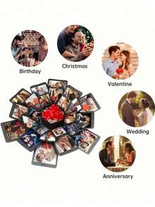 1 pièce Boîte d'explosion hexagonale - Album photo fait main DIY, boîte cadeau d'anniversaire créative surprise. Convient pour les fêtes d'anniversaire, les fêtes d'anniversaire de mariage et les fiançailles ; peut également être utilisé comme boîte cadeau surprise de fête, souvenir photo fait main créatif et boîte à bijoux. - Noir - Voir 7