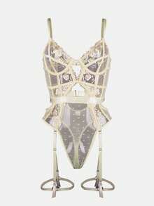 1件装女士性感温柔杏色刺绣内衣套装 - 膚色 - 查看 1