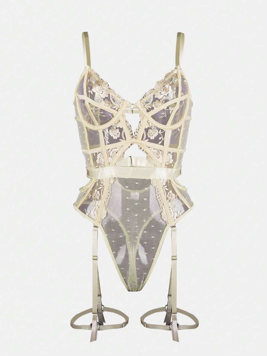 1件装女士性感温柔杏色刺绣内衣套装 - 膚色 - 查看 1