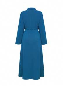 Đầm dài tay màu trơn dành cho nữ, cổ bẻ, cài cúc đơn, thiết kế thắt eo, thích hợp cho tiệc tùng thường ngày. - Màu xanh lam - Xem 5