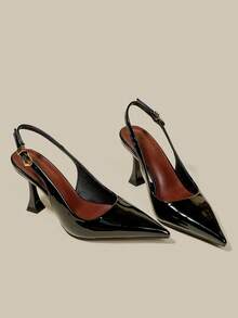 Women's Black Patent Leather Stiletto High Heel Pointed Toe Pumps, Elegant Formal Fashion Buckle Party Dress Shoes, Office Buckle Ankle Strap Heels