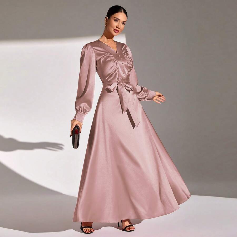 Women's Elegant Satin Midi Dress - Long Sleeve V-Neck Formal Gown With Tie Waist - Pink - View 1