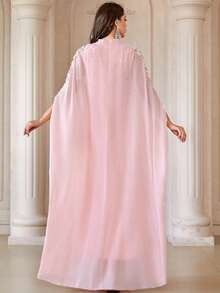 Solessence 女士立领纯色二合一拼接开襟雪纺连衣裙，饰有刺绣、亮片和串珠，优雅长款阿拉伯风格连衣裙，适合宴会、日常穿着及更多场合。 - 粉色 - 查看 3