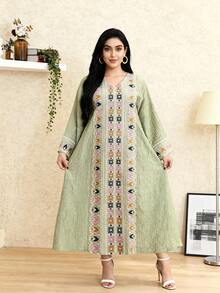 2026 New Style Ramadan Traditional Elegant Embroidered V-Neck Long Sleeve Dress For Women - Green - View 2