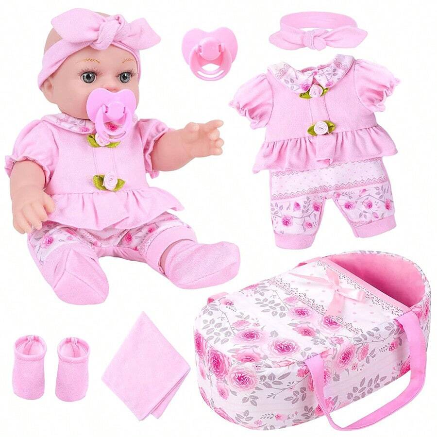 Bộ búp bê dễ thương cao khoảng 30cm (Búp bê + Trang phục + Băng đô + Núm vú giả + Nôi + Yếm + Vớ), Thích hợp làm quà tặng sinh nhật cho bé trai và bé gái, đồ chơi hóa trang. - Nhiều màu - Xem 1