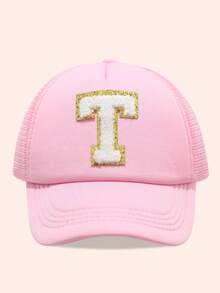 1顶儿童粉色26字母网眼棒球帽，男女通用幼儿遮阳帽，适合户外活动和日常佩戴，防紫外线 - 金標-粉海綿帽 - 查看 65