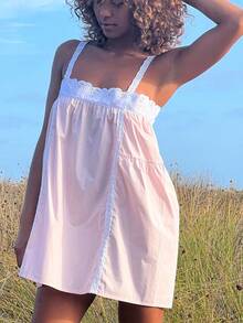 Women Mini Dress Hollow Out Strap Square Neck Loose Backless Short Sundress Y2k Flowy Babydoll - Hồng - Xem 1