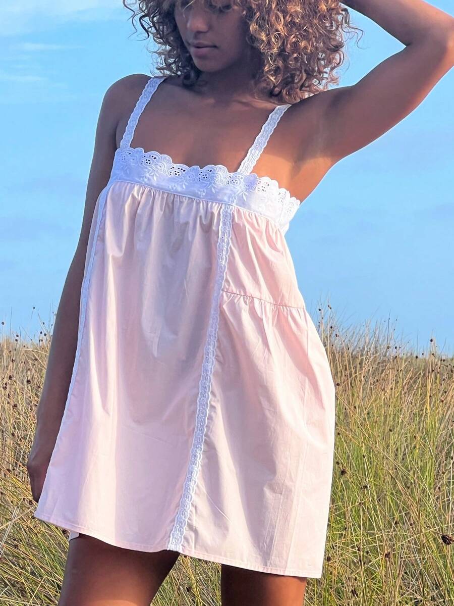 Women Mini Dress Hollow Out Strap Square Neck Loose Backless Short Sundress Y2k Flowy Babydoll - Hồng - Xem 1
