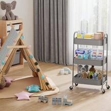 3 Tier Rolling Cart Metal With Wheels, Heavy Duty White Three Tiered Cart Organizer On Wheels, Utility Roller Storage Carts Art, Nursery, Diaper Caddy, Snack, Book, Nail, Cleaning Supplies - 簡約灰色 + 三層 + 杯子 + 掛鉤 - 查看 3
