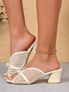 Plus Size Women's Peep Toe High Heel Sandals, Fashionable Hollow Out Sexy Mesh Shoes With Faux Pearl Decor, Elegant Personalized Suitable For Dates, Parties, Banquets, Weddings, Bridal - Beige - View 3