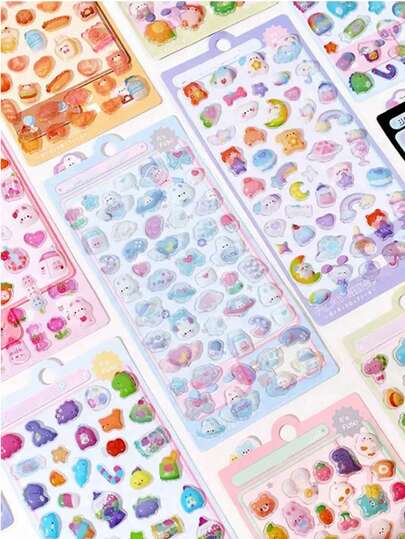 4個/1セット カートゥーン 3Dエンボス ダイヤモンドステッカー - かわいい動物&フード柄、高光沢効果、鮮やかな色、DIY、スクラップブッキング、ノートパソコン、スマホ、カップ、ダイヤモンドアートステッカー、楽しいデザイン、高品質デカール、装飾ステッカー、創造的な装飾に最適。[ランダムなスタイルと色]