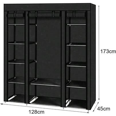 Spacious 12 Compartment Fabric Wardrobe Portable Clothes Rail With Cover 45x130x175 Cm Bedroom Storage Organiser Metal Frame Durable Non-Woven