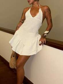 Women's Hollow Out Sleeveless Tie Waist Knit Mini Dress With Ruffled Hem, Suitable For Spring/Summer Beach, Vacation, Casual Daily Wear - White - View 5