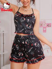 SANRIO Bộ đồ ngủ 2 mảnh  dành cho nữ, Đồ ngủ , Đồ ngủ, Mùa hè & mùa xuân, Đen & Trắng & Đỏ, Cổ tròn, Viền bèo nhún, Đồ mặc nhà, Bộ đồ mặc hàng ngày, Bộ đồ ngủ dễ thương, Bộ đồ mặc nhà - Nhiều màu - Xem 2