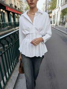 女士优雅纯白衬衫，翻领，落肩设计，长袖，收腰，喇叭下摆，适合日常办公通勤，春夏新款