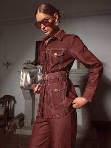 Sollinarry 2pcs Women's Spring New Denim-Like Button Front Belted Long Sleeve Jacket And Long Pants Set - Dark Red - View 2