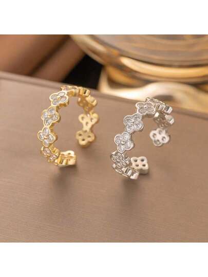 1 pièce Bague ouverte fleur à quatre feuilles entièrement pavée pour femmes, design de luxe polyvalent, nouveau modèle de niche, anneau de doigt de luxe, cadeau de bijoux